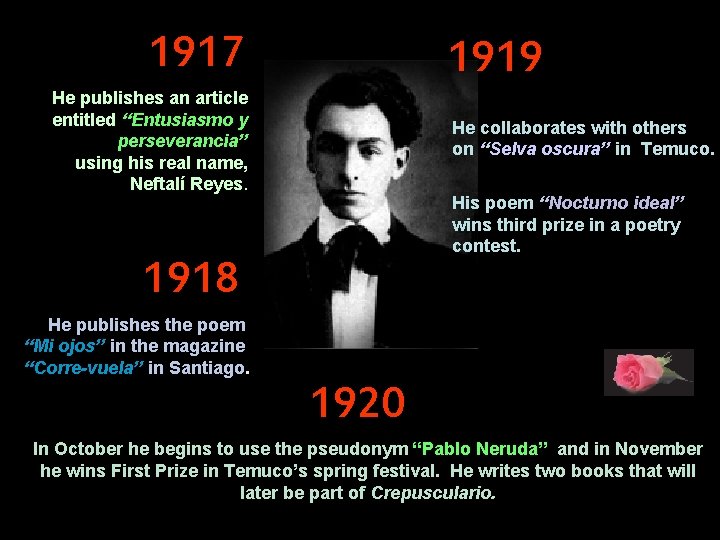 1917 1919 He publishes an article entitled ‘‘Entusiasmo y perseverancia’’ using his real name,