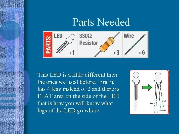 Parts Needed This LED is a little different then the ones we used before. Parts Needed This LED is a little different then the ones we used before.