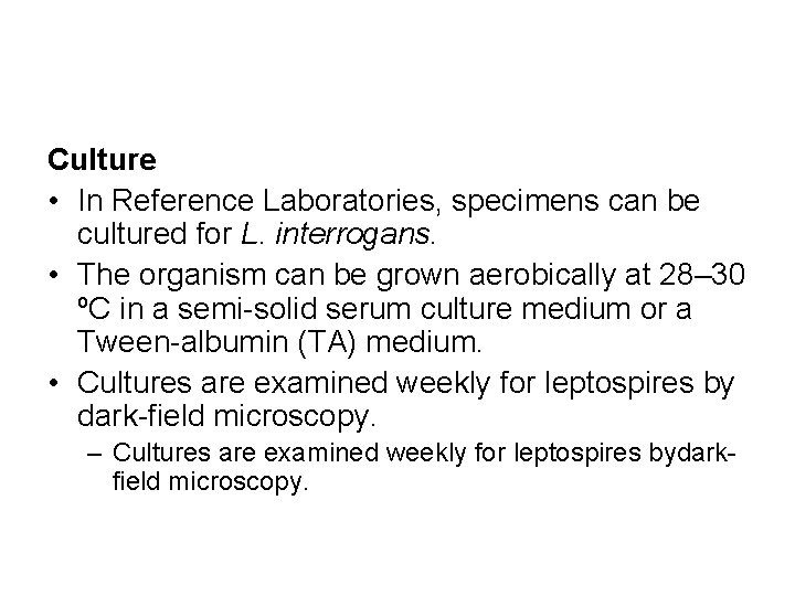 Culture • In Reference Laboratories, specimens can be cultured for L. interrogans. • The