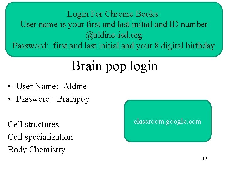 Login For Chrome Books: User name is your first and last initial and ID