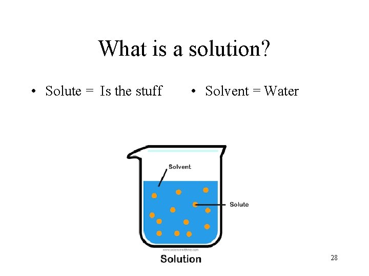 What is a solution? • Solute = Is the stuff • Solvent = Water
