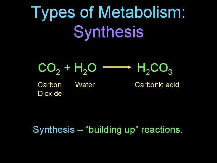 Types of Metabolism: Synthesis CO 2 + H 2 O H 2 CO 3