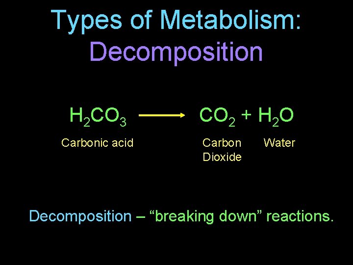 Types of Metabolism: Decomposition H 2 CO 3 Carbonic acid CO 2 + H