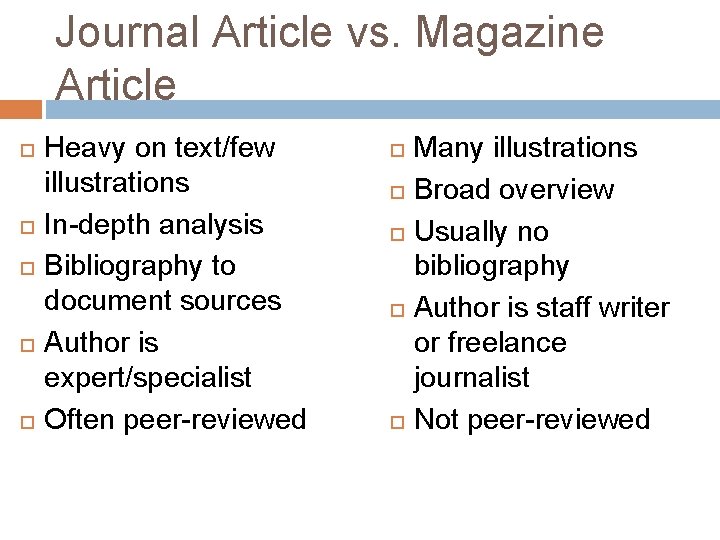 Journal Article vs. Magazine Article Heavy on text/few illustrations In-depth analysis Bibliography to document