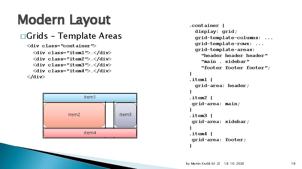Modern Layout � Grids – Template Areas <div class="container"> <div class="item 1">…</div> <div class="item