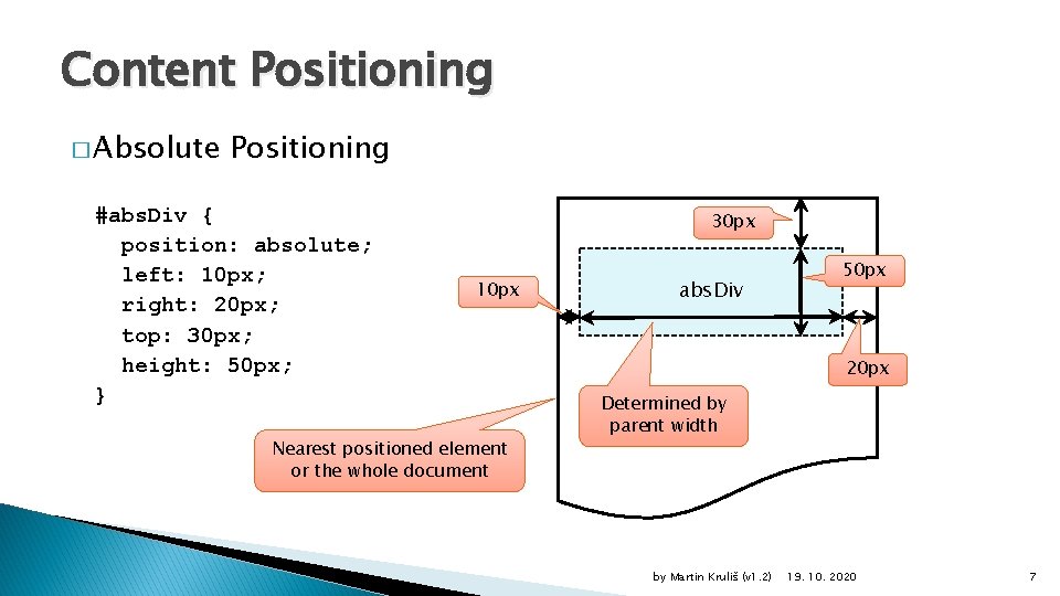 Content Positioning � Absolute Positioning #abs. Div { position: absolute; left: 10 px; right: