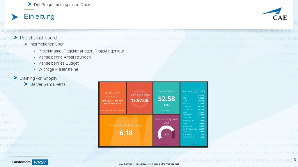 Die Programmiersprache Ruby Einleitung Projektdashboard Informationen über: • • Projektname, Projektmanager, Projektingenieur Verbleibende Arbeitsstunden