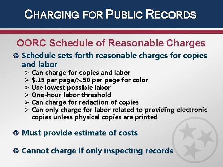 CHARGING FOR PUBLIC RECORDS OORC Schedule of Reasonable Charges Schedule sets forth reasonable charges
