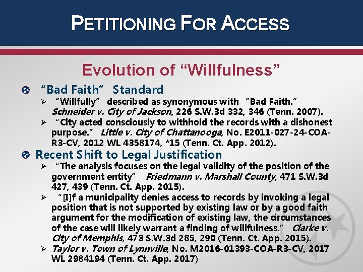 PETITIONING FOR ACCESS Evolution of “Willfulness” “Bad Faith” Standard Ø “Willfully” described as synonymous