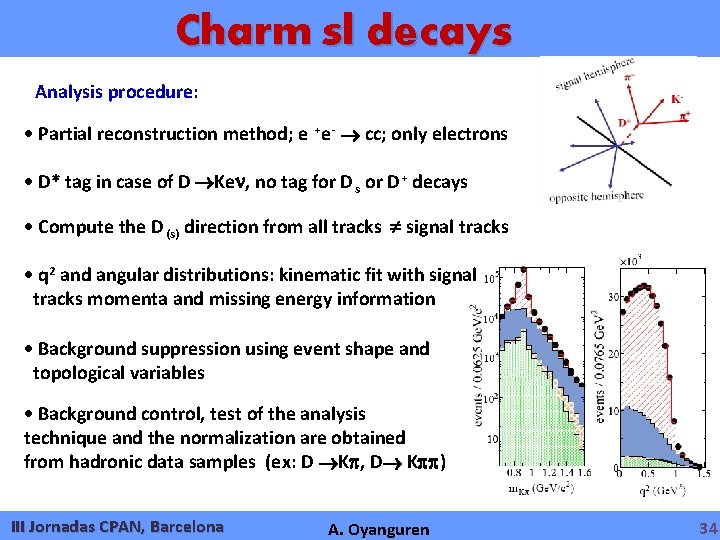 Charm sl decays Analysis procedure: Partial reconstruction method; e +e- cc; only electrons D*