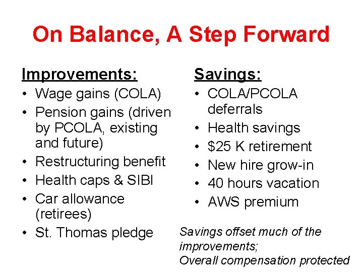 On Balance, A Step Forward Improvements: Savings: • Wage gains (COLA) • COLA/PCOLA deferrals