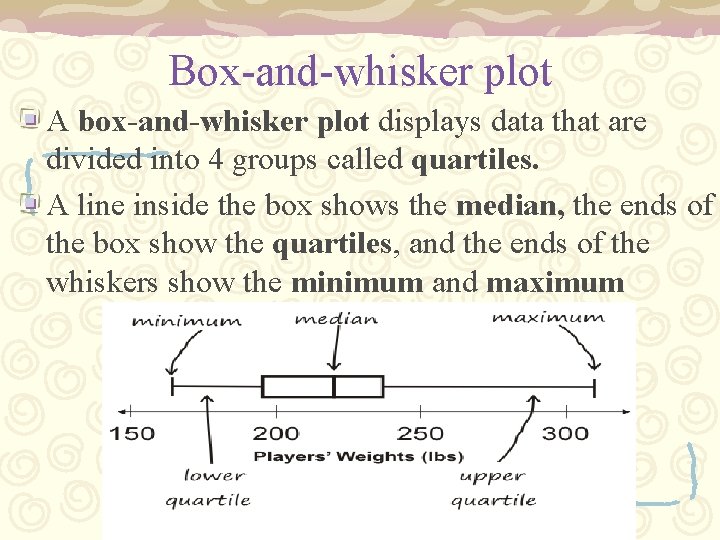 Box-and-whisker plot A box-and-whisker plot displays data that are divided into 4 groups called Box-and-whisker plot A box-and-whisker plot displays data that are divided into 4 groups called