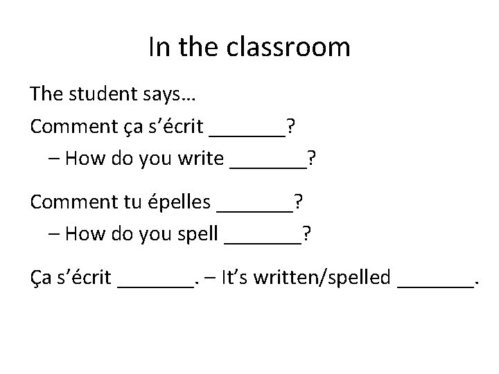 In the classroom The student says… Comment ça s’écrit _______? – How do you