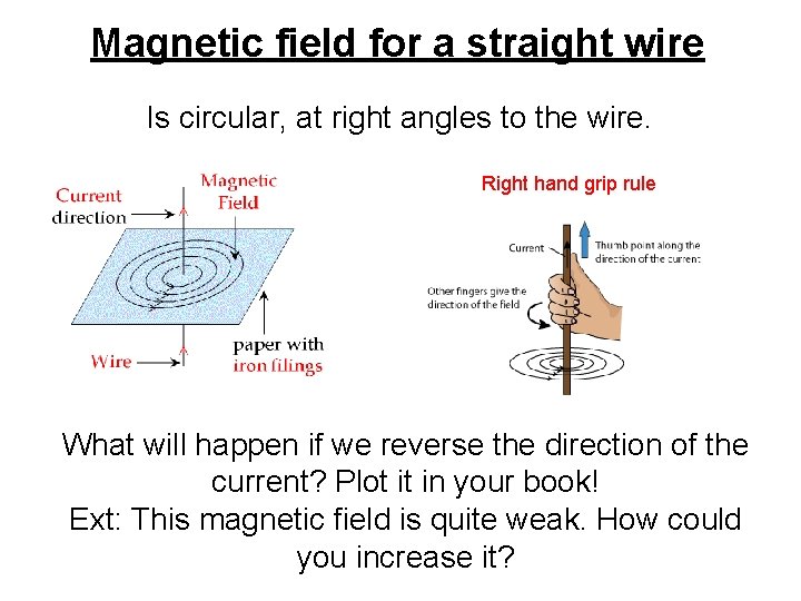 Magnetic field for a straight wire Is circular, at right angles to the wire.