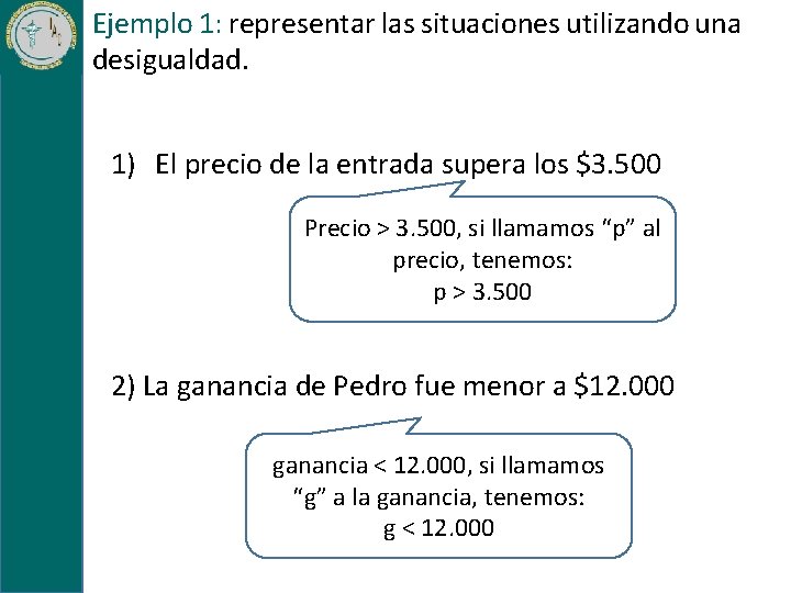 Ejemplo 1: representar las situaciones utilizando una desigualdad. 1) El precio de la entrada