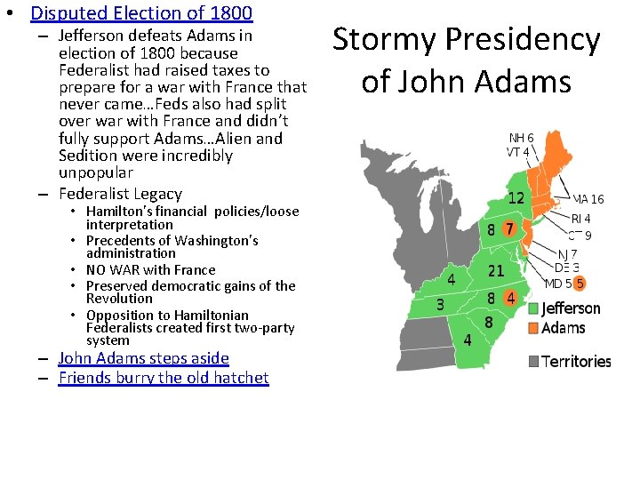  • Disputed Election of 1800 – Jefferson defeats Adams in election of 1800