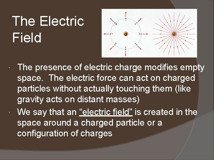 The Electric Field The presence of electric charge modifies empty space. The electric force