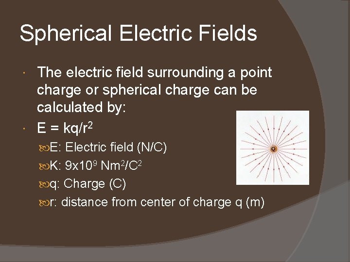 Spherical Electric Fields The electric field surrounding a point charge or spherical charge can