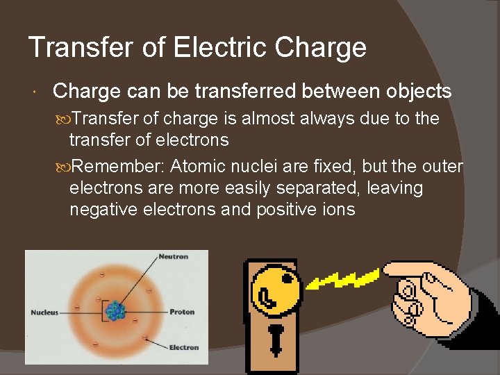 Transfer of Electric Charge can be transferred between objects Transfer of charge is almost