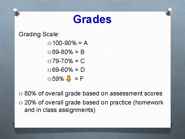 Grades Grading Scale: O 100 -90% = A O 89 -80% = B O