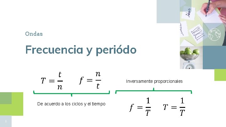 Ondas Frecuencia y periódo Inversamente proporcionales De acuerdo a los ciclos y el tiempo