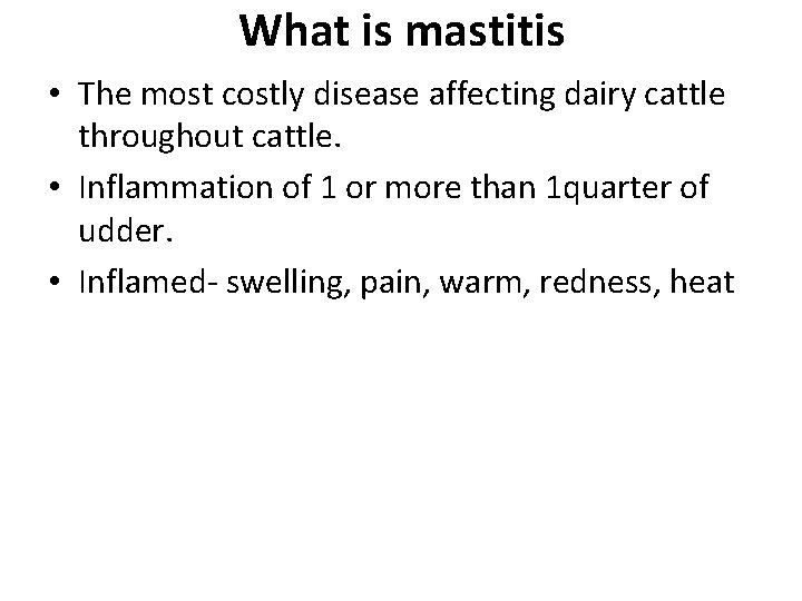 What is mastitis • The most costly disease affecting dairy cattle throughout cattle. •