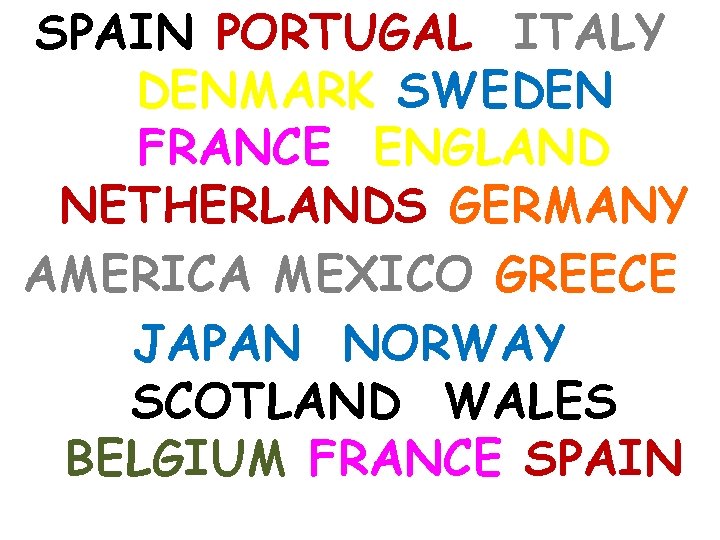 SPAIN PORTUGAL ITALY DENMARK SWEDEN FRANCE ENGLAND NETHERLANDS GERMANY AMERICA MEXICO GREECE JAPAN NORWAY