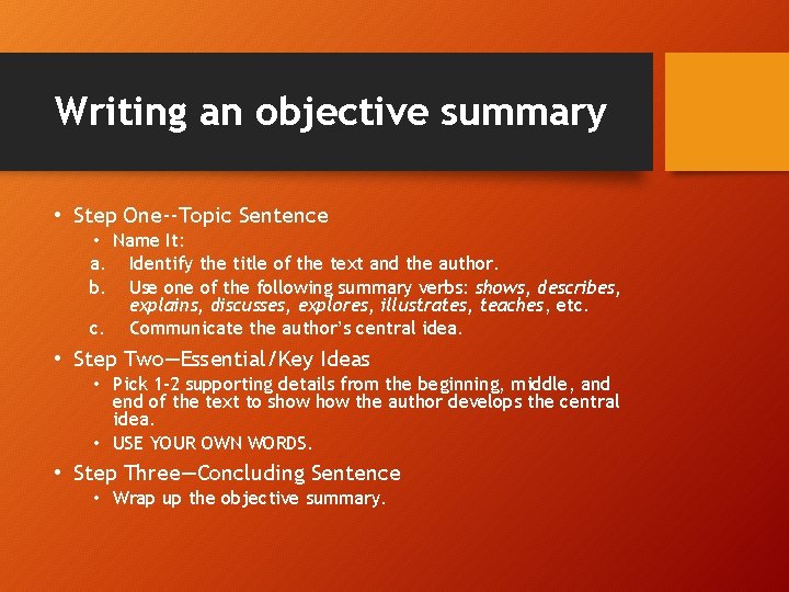 Central Idea Supporting Details and Objective Summary English