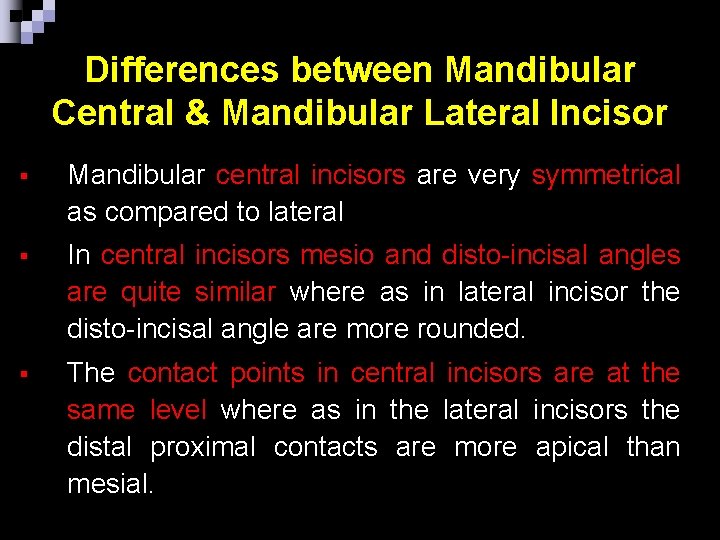 Differences between Mandibular Central & Mandibular Lateral Incisor § Mandibular central incisors are very
