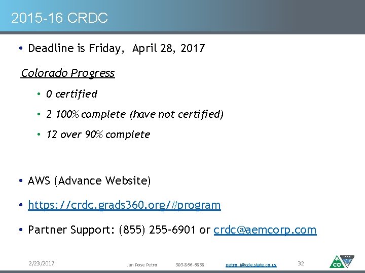 2015 -16 CRDC • Deadline is Friday, April 28, 2017 Colorado Progress • 0