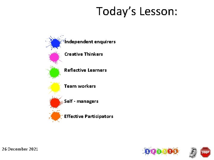 Today’s Lesson: Independent enquirers Creative Thinkers Reflective Learners Team workers Self - managers Effective