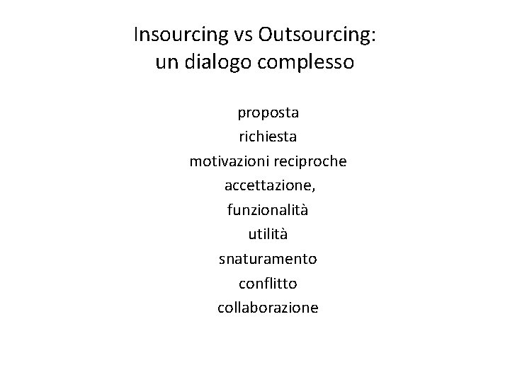 Insourcing vs Outsourcing: un dialogo complesso proposta richiesta motivazioni reciproche accettazione, funzionalità utilità snaturamento