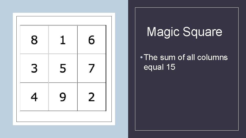 Magic Square • The sum of all columns equal 15 