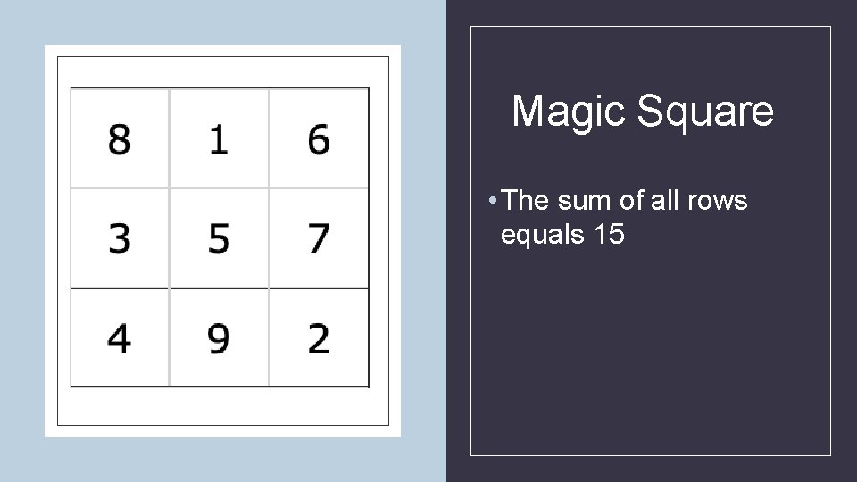 Magic Square • The sum of all rows equals 15 