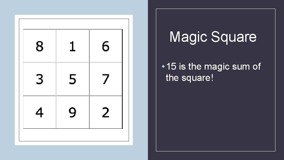 Magic Square • 15 is the magic sum of the square! 