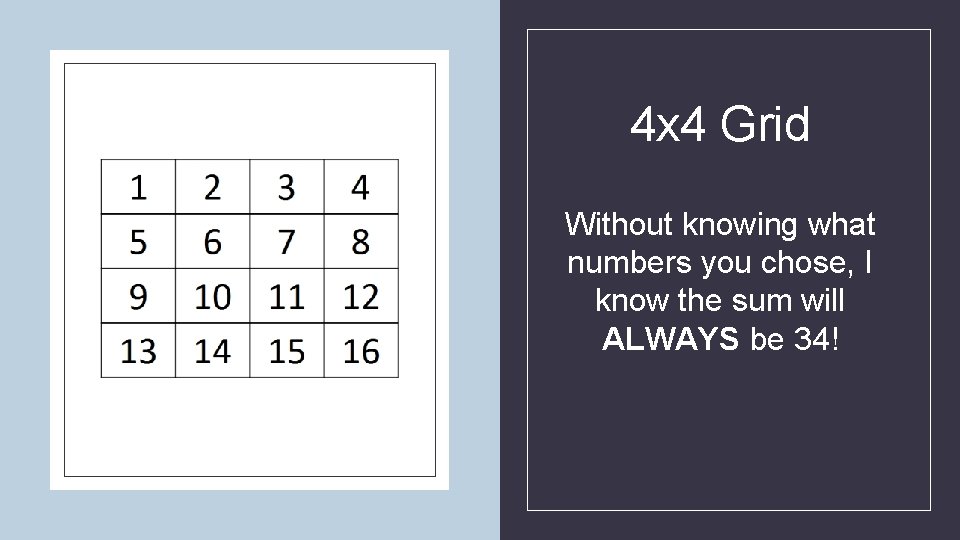 4 x 4 Grid Without knowing what numbers you chose, I know the sum