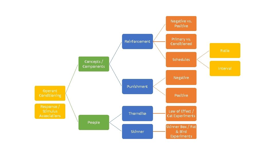 Negative vs. Positive Reinforcement Primary vs. Conditioned Ratio Schedules Concepts / Components Interval Negative