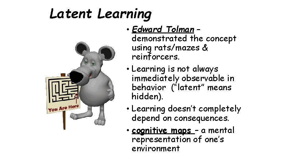 Latent Learning • Edward Tolman – demonstrated the concept using rats/mazes & reinforcers. •