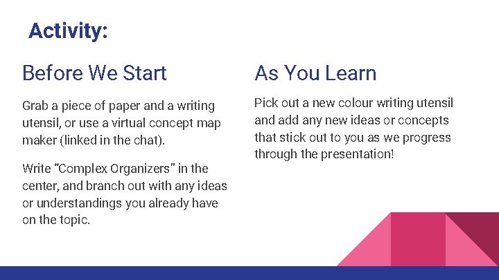 Activity: Before We Start As You Learn Grab a piece of paper and a