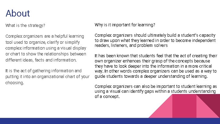About What is the strategy? Why is it important for learning? Complex organizers are