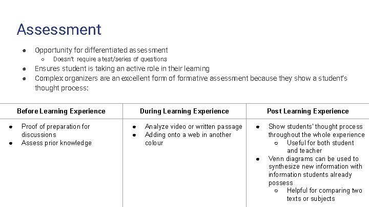 Assessment ● Opportunity for differentiated assessment ○ ● ● Doesn’t require a test/series of
