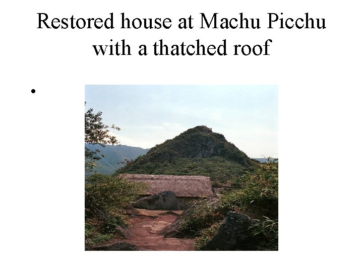 Restored house at Machu Picchu with a thatched roof • 