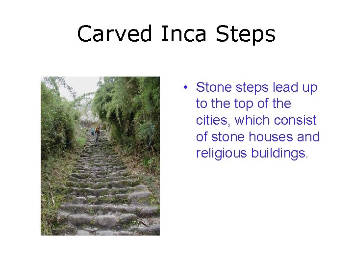 Carved Inca Steps • Stone steps lead up to the top of the cities,