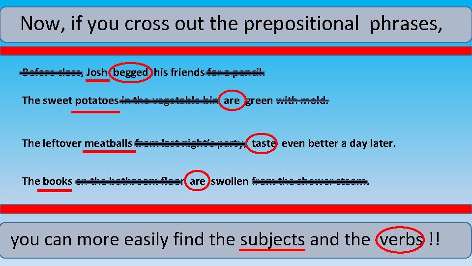 Now, if you cross out the prepositional phrases, Before class, Josh begged his friends