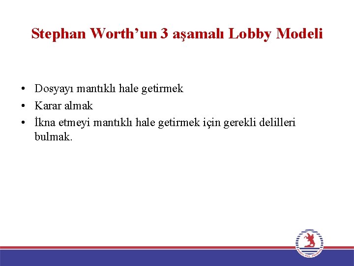 Stephan Worth’un 3 aşamalı Lobby Modeli • Dosyayı mantıklı hale getirmek • Karar almak