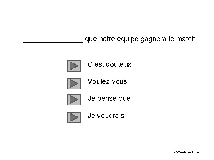 ________ que notre équipe gagnera le match. C’est douteux Voulez-vous Je pense que Je