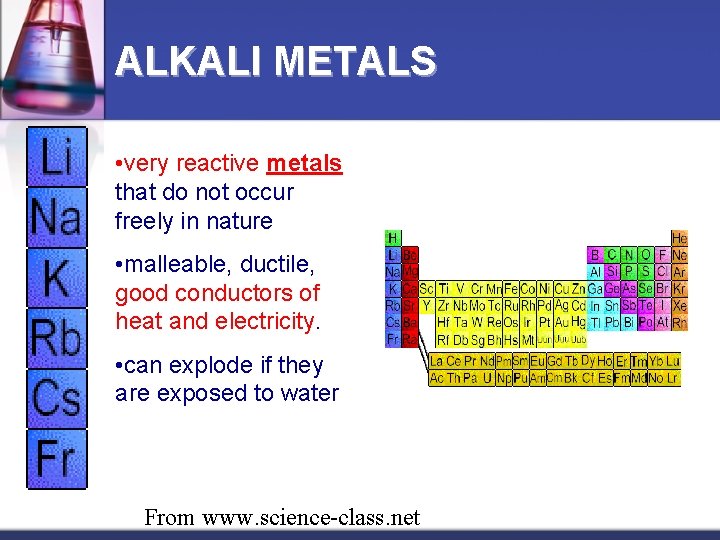 ALKALI METALS • very reactive metals that do not occur freely in nature •