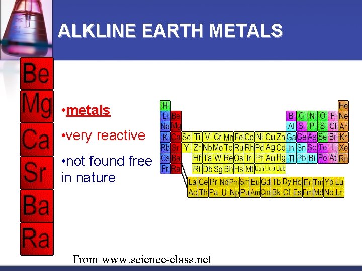 ALKLINE EARTH METALS • metals • very reactive • not found free in nature