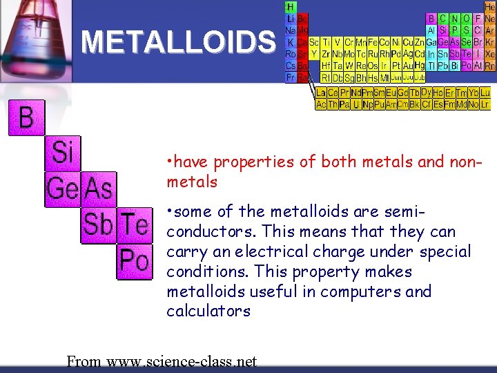 METALLOIDS • have properties of both metals and nonmetals • some of the metalloids