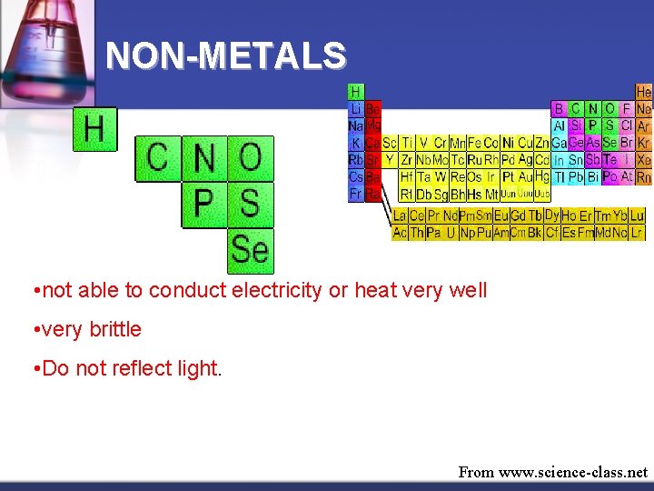 NON-METALS • not able to conduct electricity or heat very well • very brittle